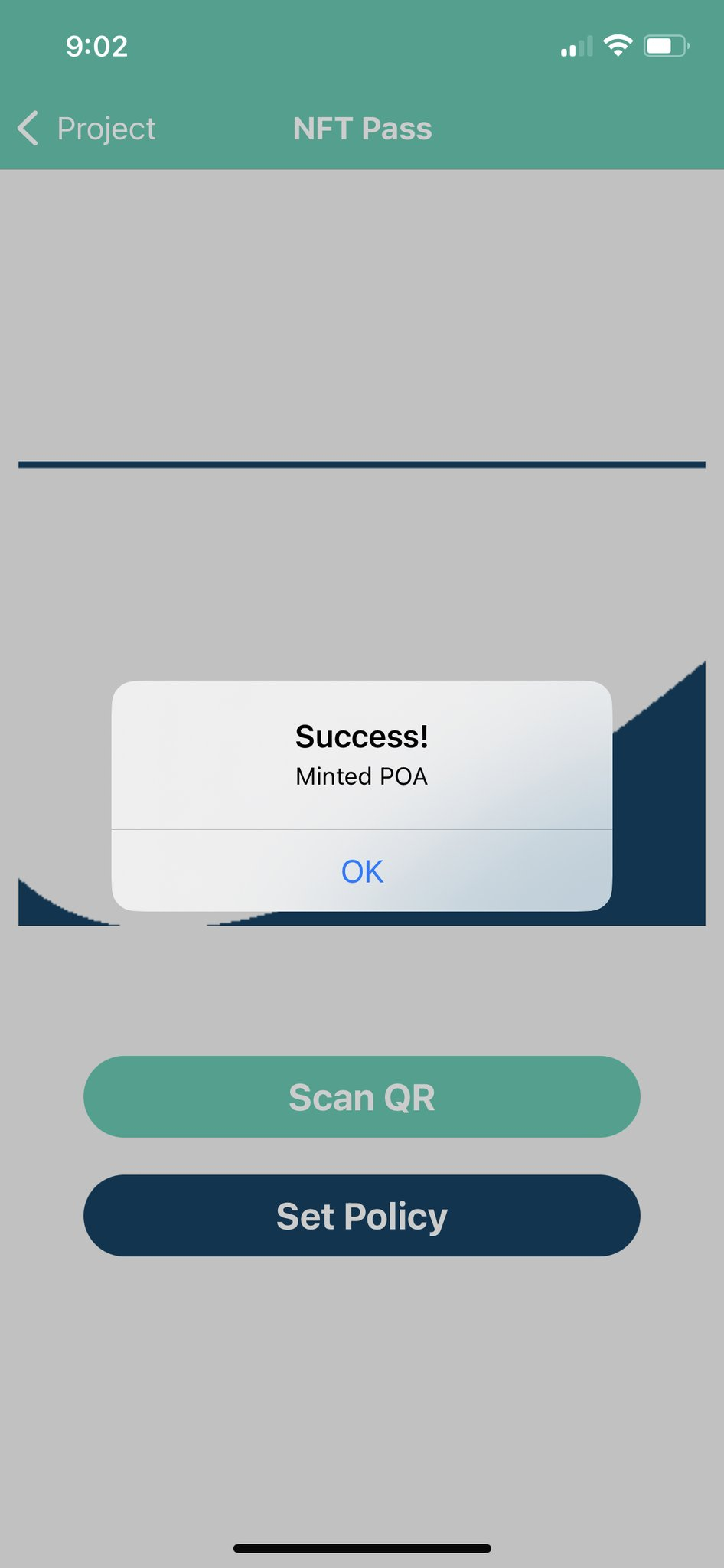 NFTPass App Displaying message "Success! Minted POA"