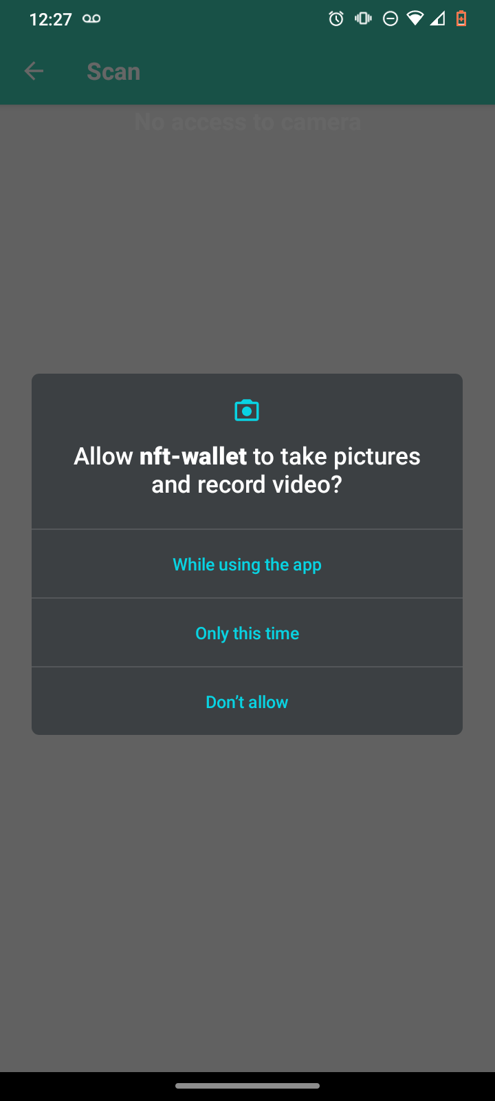 NFTPass wallet QR code scanning screen prompting permission to use camera