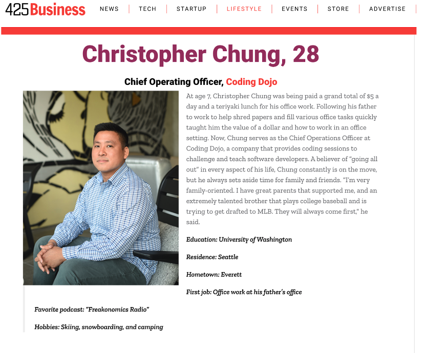 Chris Chung's 30 Under 30 Article by 425Business Magazine