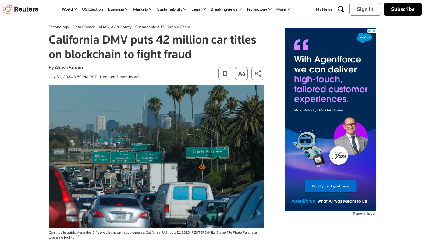 California DMV Implements Blockchain Solution for 42M Vehicles