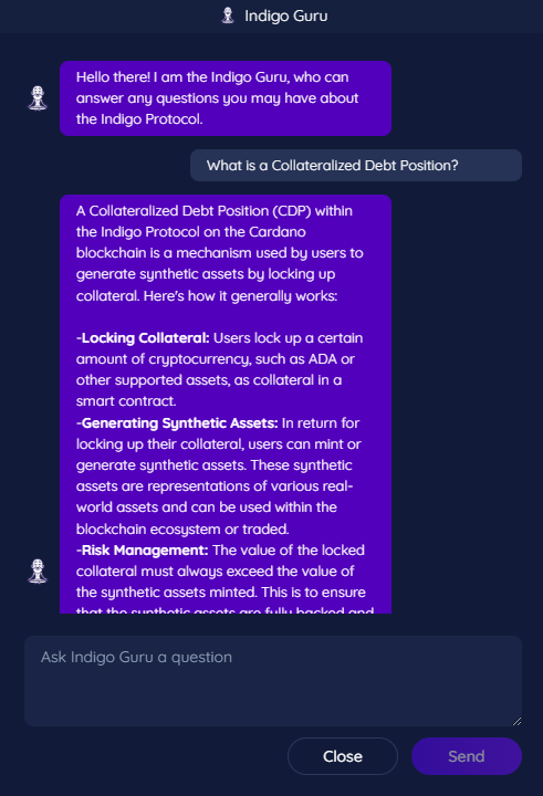Screenshot of working AI Assistant Indigo Guru on Indigo Protocol V2